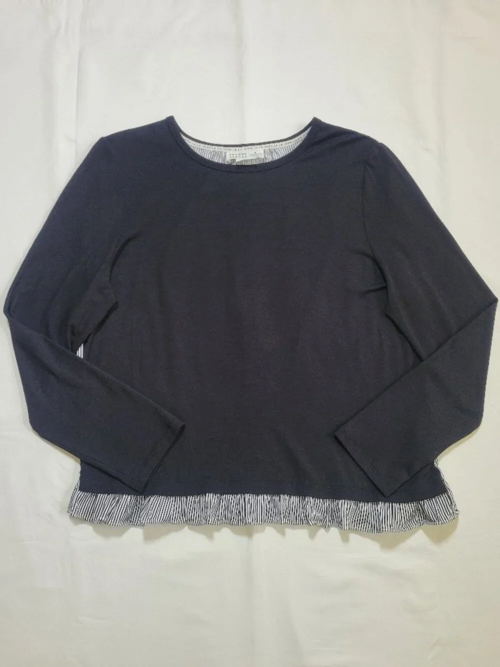 Kate Spade Broome Street Black Mixed Media Top Striped Ruffle Hem Large Coquette